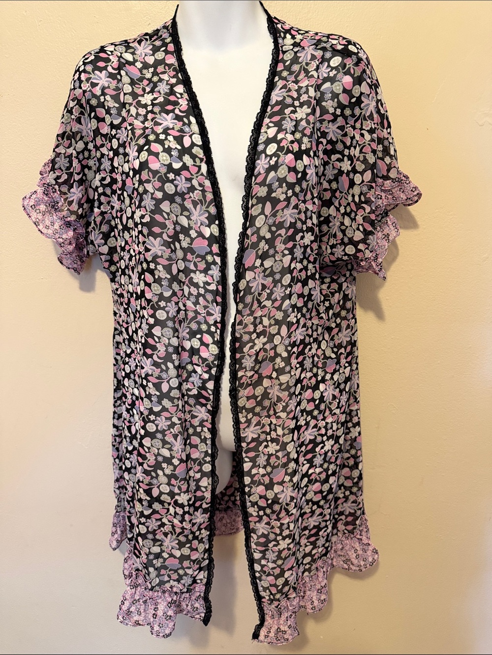In Bloom Black Sheer Kimono Robe with Pink Floral Print